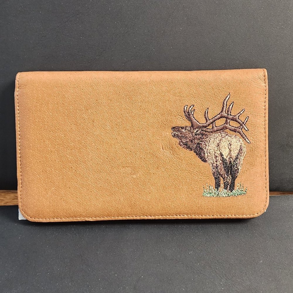 Tan Leather Wallet with Embroidered Elk Design
